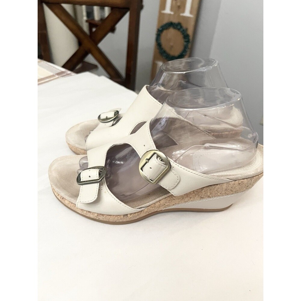 Dansko Carla Full Grain Slide-On Wedge Sandals Cream Size 41 USA Sz 10 Cork